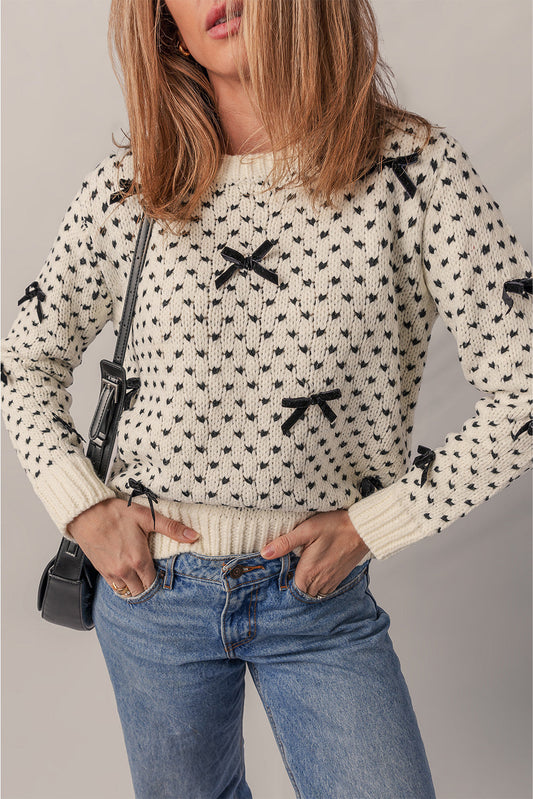 Beige Bow Ribbed Sweater FB